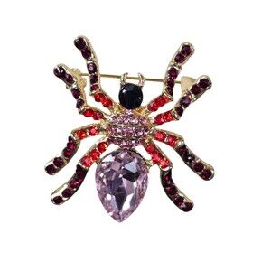 Rhinestones Glass Spider Brooch Red Pink 5x5cm Art Work Art Deco